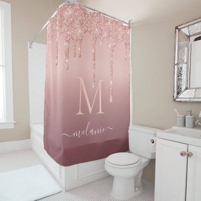 Rose Gold Glitter Shower Curtain Your Name Letter (In Situ)