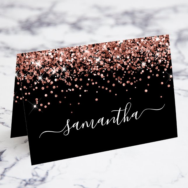 Rose Gold Glitter Signature Name Black Place Cards (Rose Gold Glitter Girly Signature Swash Name Black Place Cards)