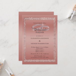 Rose Gold Glitter & Silver Rings Rehearsal Dinner  Invitation
