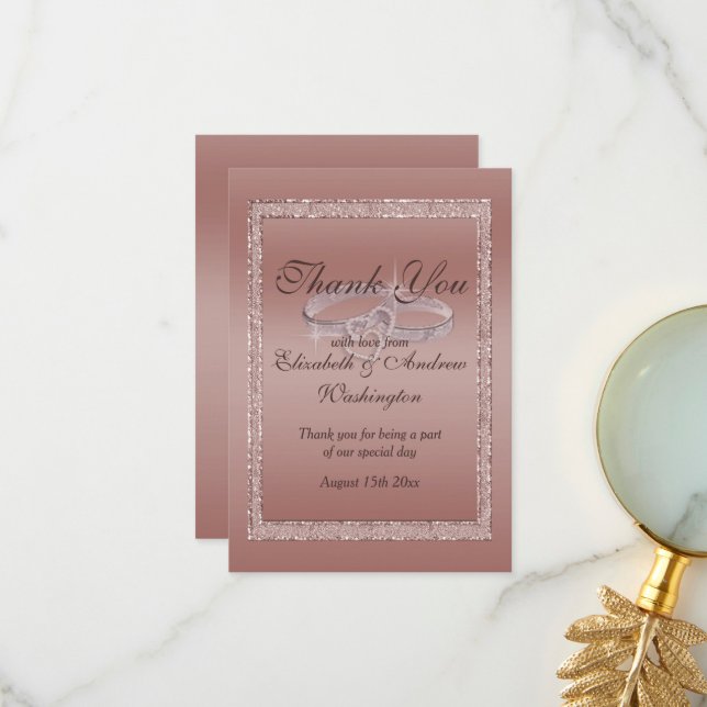 Rose Gold Glitter & Silver Wedding Rings  Thank You Card (Front/Back In Situ)