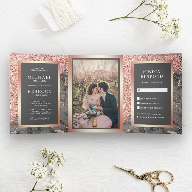Rose Gold Glitter Slate Grey Marble Photo Wedding Tri-Fold Invitation (Creator Uploaded)