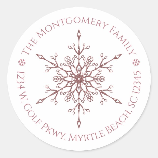 Rose Gold Glitter Snowflake Christmas Holiday Classic Round Sticker (Front)