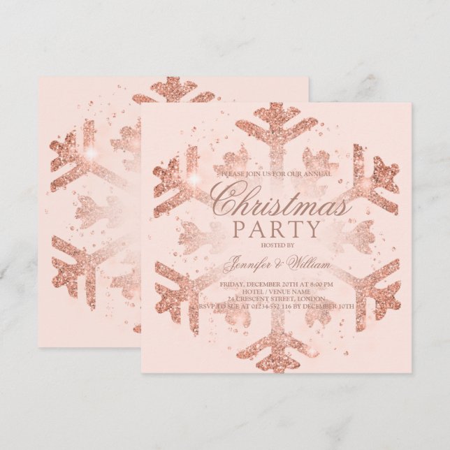 Rose Gold Glitter Snowflake Xmas Holiday Party  Invitation (Front/Back)
