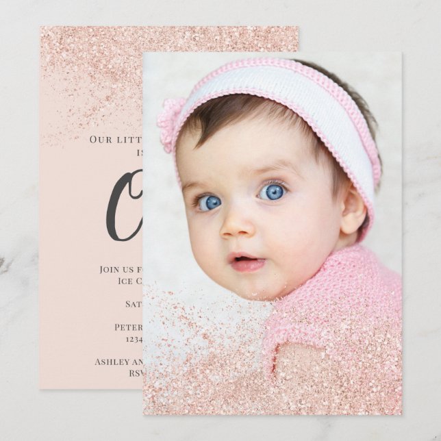 Rose gold glitter sparkle 1st birthday blush photo invitation (Front/Back)