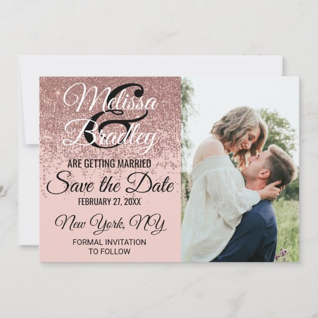 Rose Gold Glitter Sparkle Blush Pink Save the Date Invitation (Front)
