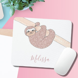 Rose Gold Glitter Sparkle Cute Sloth Name Mouse Pad