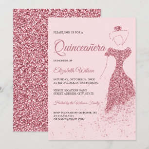 Rose Gold Glitter Sparkle Dress Quinceanera Invitation