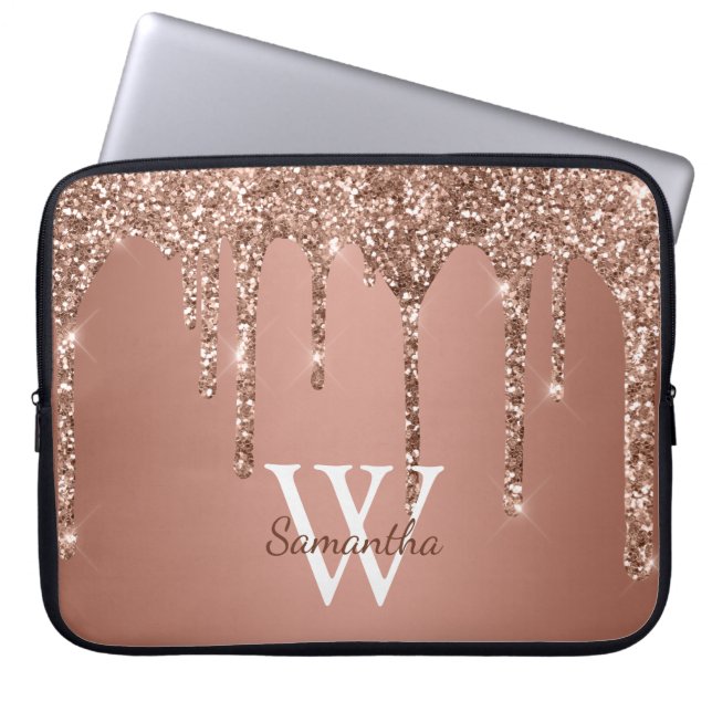 Rose Gold Glitter Sparkle Drip Monogram Name Laptop Sleeve (Front)