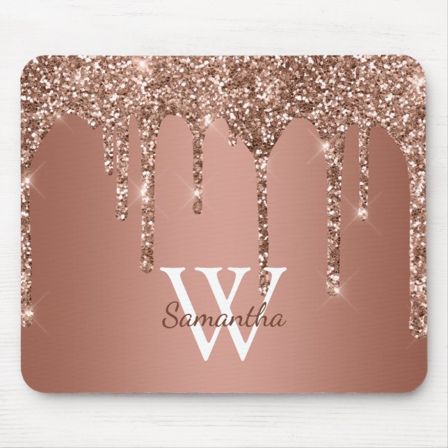 Rose Gold Glitter Sparkle Drip Monogram Name Mouse Pad (Front)