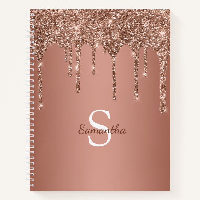 Rose Gold Glitter Sparkle Drip Monogram Name Notebook (Front)