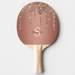 Rose Gold Glitter Sparkle Drips Monogram Name Ping Pong Paddle
