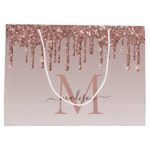 Rose Gold Glitter Sparkle Drips Monogram Script Large Gift Bag