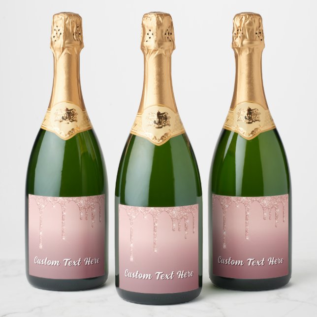 Rose Gold Glitter Sparkle Drips Personalised Text Sparkling Wine Label (Bottles)