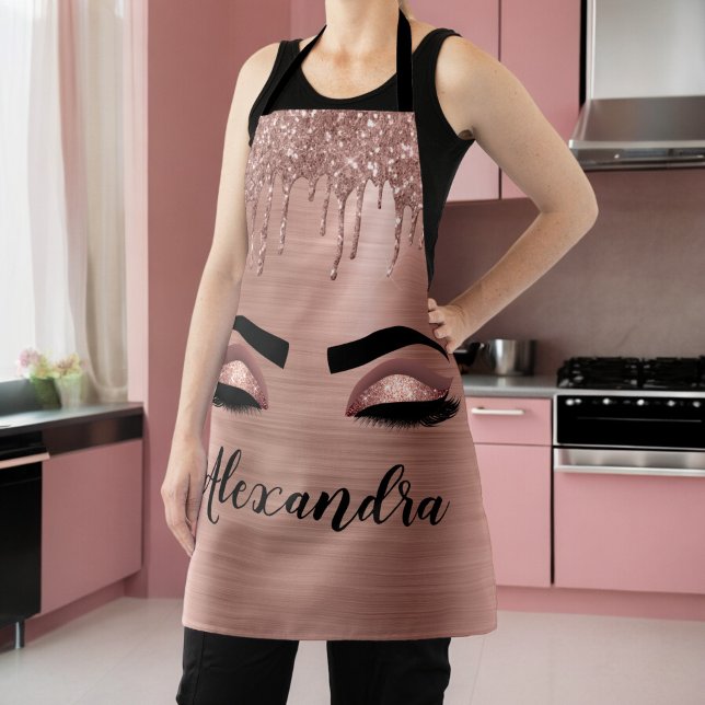 Rose Gold Glitter Sparkle Eyelashes Monogram Name Apron (Creator Uploaded)