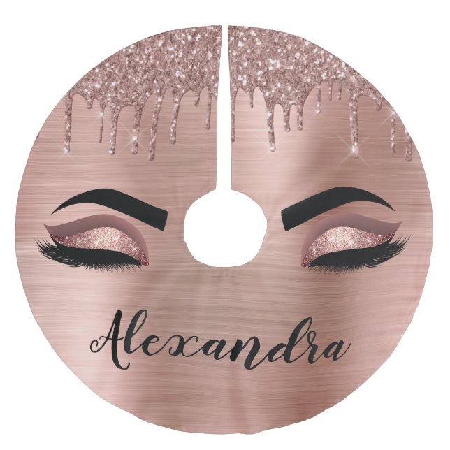 Rose Gold Glitter Sparkle Eyelashes Monogram Name Brushed Polyester Tree Skirt (Front)