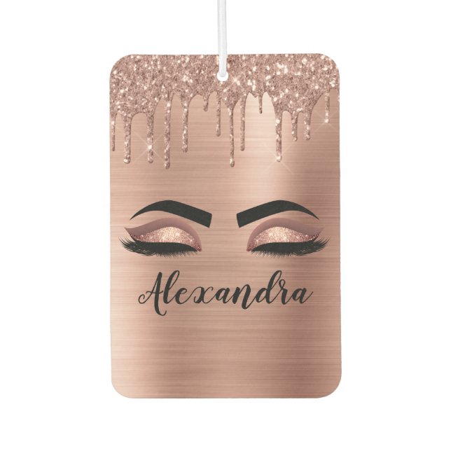 Rose Gold Glitter Sparkle Eyelashes Monogram Name Car Air Freshener (Front)