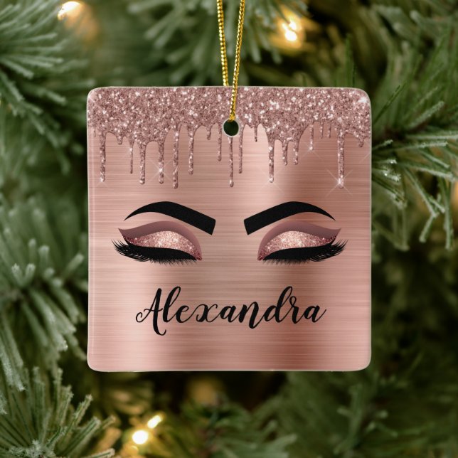 Rose Gold Glitter Sparkle Eyelashes Monogram Name Ceramic Ornament (Tree)