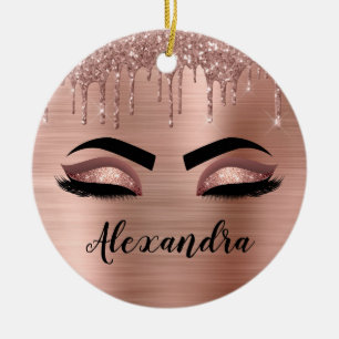Rose Gold Glitter Sparkle Eyelashes Monogram Name Ceramic Ornament