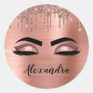 Rose Gold Glitter Sparkle Eyelashes Monogram Name Classic Round Sticker