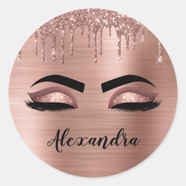 Rose Gold Glitter Sparkle Eyelashes Monogram Name Classic Round Sticker (Front)