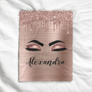 Rose Gold Glitter Sparkle Eyelashes Monogram Name Fleece Blanket