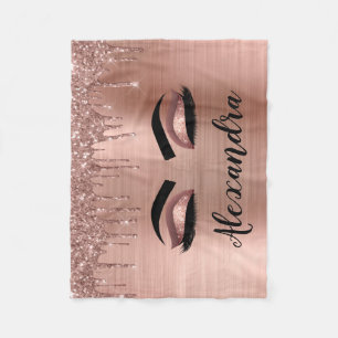 Rose Gold Glitter Sparkle Eyelashes Monogram Name Fleece Blanket