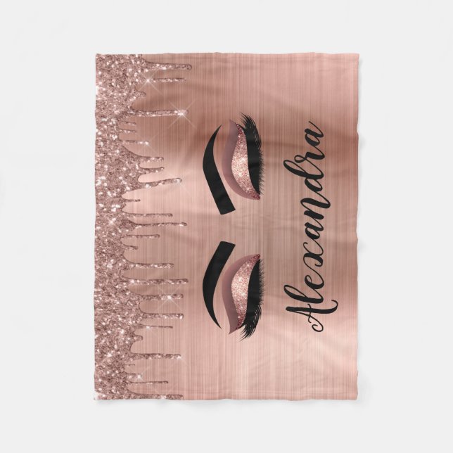 Rose Gold Glitter Sparkle Eyelashes Monogram Name Fleece Blanket (Front)