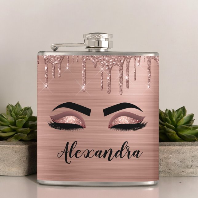 Rose Gold Glitter Sparkle Eyelashes Monogram Name Hip Flask (Creator Uploaded)