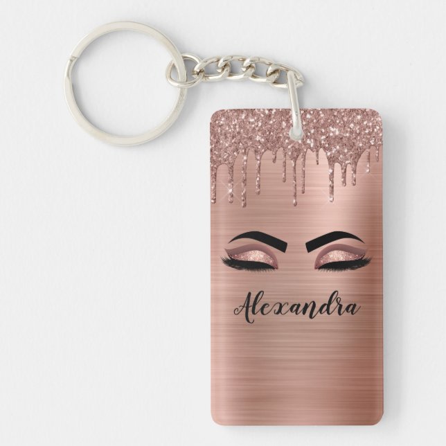 Rose Gold Glitter Sparkle Eyelashes Monogram Name Key Ring (Front)