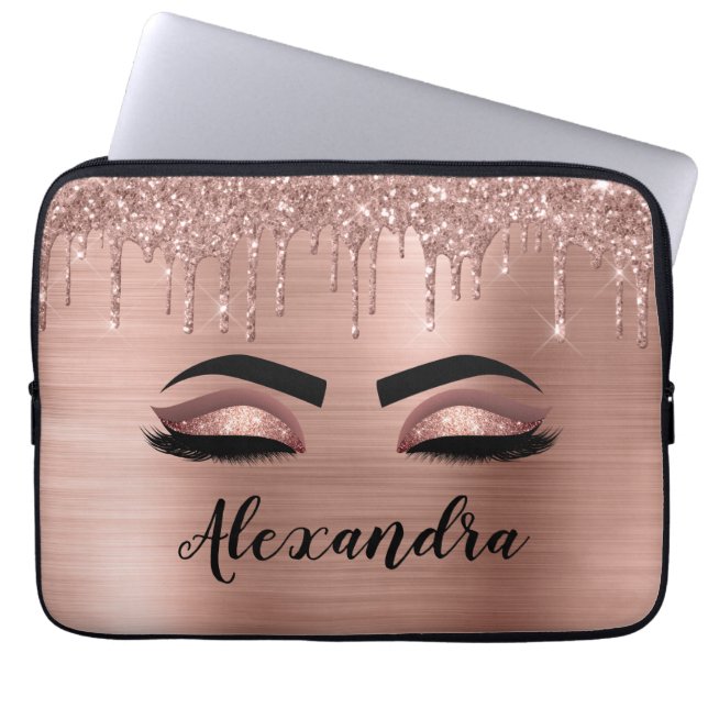 Rose Gold Glitter Sparkle Eyelashes Monogram Name Laptop Sleeve (Front)