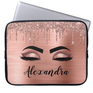 Rose Gold Glitter Sparkle Eyelashes Monogram Name Laptop Sleeve