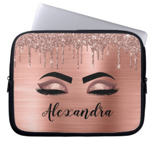 Rose Gold Glitter Sparkle Eyelashes Monogram Name Laptop Sleeve
