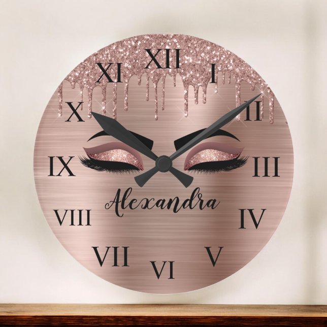 Rose Gold Glitter Sparkle Eyelashes Monogram Name Large Clock (Creator Uploaded)