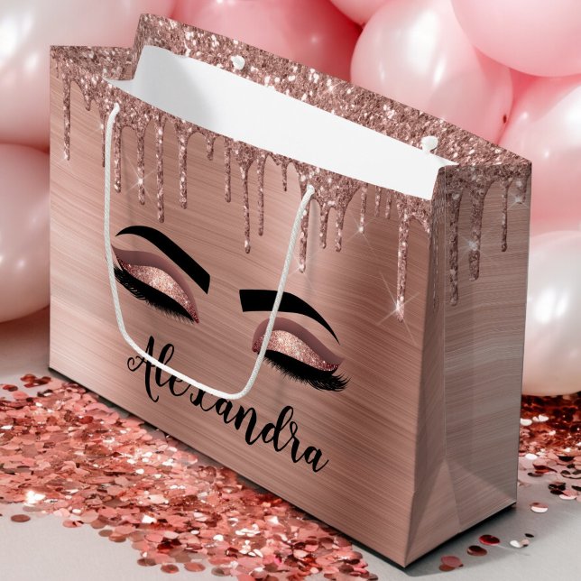 Rose Gold Glitter Sparkle Eyelashes Monogram Name Large Gift Bag (Creator Uploaded)
