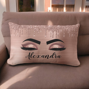 Rose Gold Glitter Sparkle Eyelashes Monogram Name Lumbar Cushion