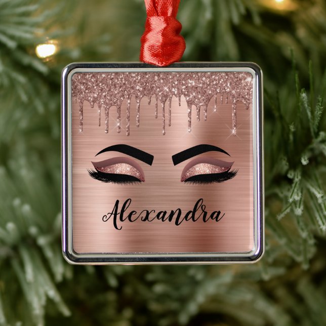 Rose Gold Glitter Sparkle Eyelashes Monogram Name Metal Ornament (Tree)
