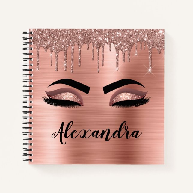 Rose Gold Glitter Sparkle Eyelashes Monogram Name Notebook (Front)