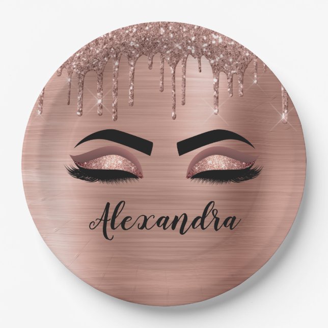 Rose Gold Glitter Sparkle Eyelashes Monogram Name Paper Plate (Front)