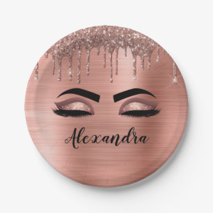 Rose Gold Glitter Sparkle Eyelashes Monogram Name Paper Plate