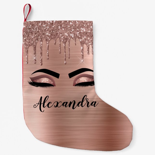 Rose Gold Glitter Sparkle Eyelashes Monogram Name Small Christmas Stocking (Front)