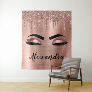 Rose Gold Glitter Sparkle Eyelashes Monogram Name Tapestry