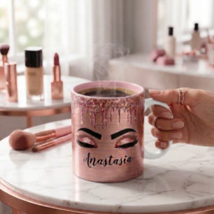 Rose Gold Glitter Sparkle Eyelashes Monogram Name Two-Tone Coffee Mug