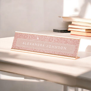 Rose Gold Glitter Sparkle Girly Modern Desk Name Plate