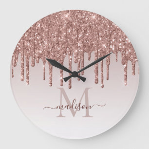 Rose Gold Glitter Sparkle Glam Dripping Monogram Large Clock