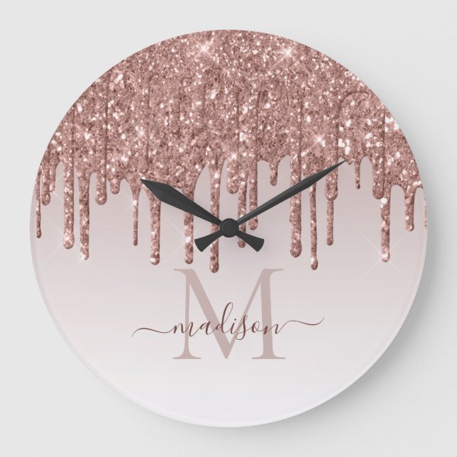 Rose Gold Glitter Sparkle Glam Dripping Monogram Large Clock (Front)