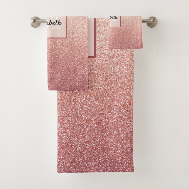 Rose gold glitter sparkle glam gradient monogram bath towel set (Insitu)