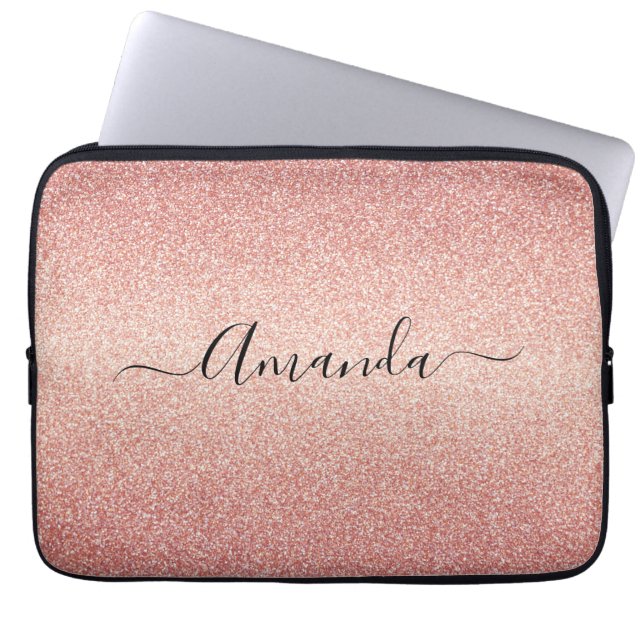 Rose gold glitter sparkle glam gradient name laptop sleeve (Front)