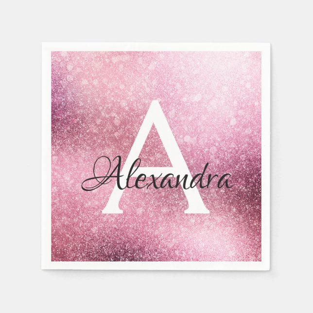 Rose Gold Glitter & Sparkle Monogram Birthday Napkin (Front)