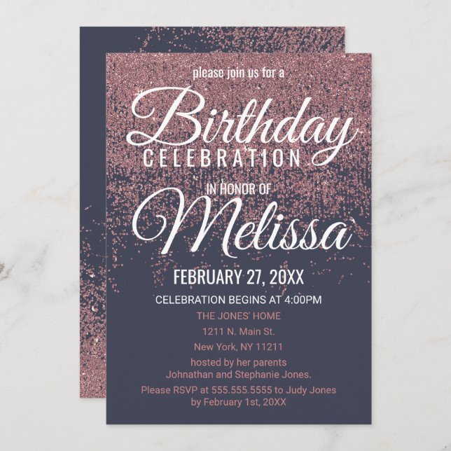 Rose Gold Glitter Sparkle Navy Blue Birthday Party Invitation (Front/Back)