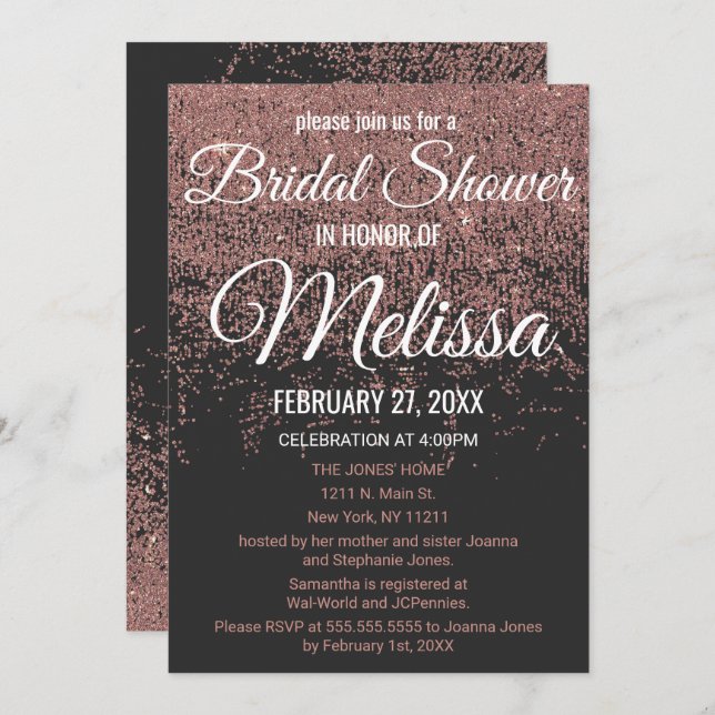 Rose Gold Glitter Sparkles Black Bridal Shower Invitation (Front/Back)